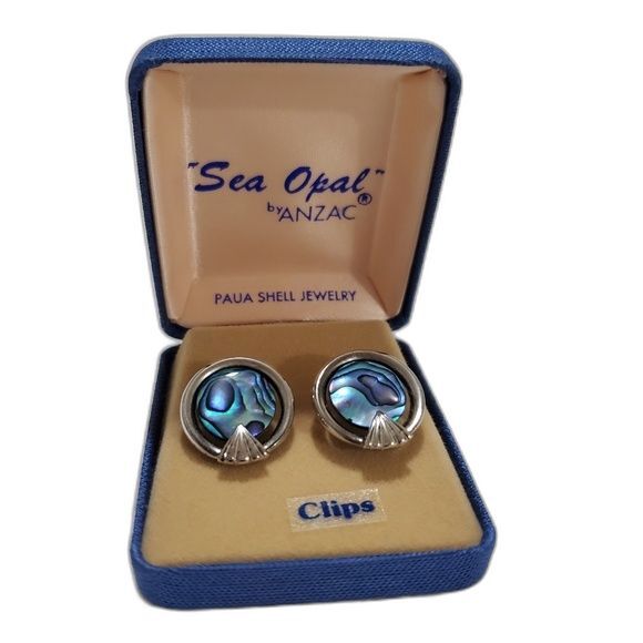 Sea Opal clip on paua shell earrings by Anzac NEW - Picture 1 of 8